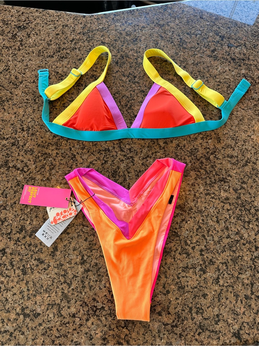 Free People OneOne Bikini Set Neon Multicolor Paradise Bottoms both size Medium